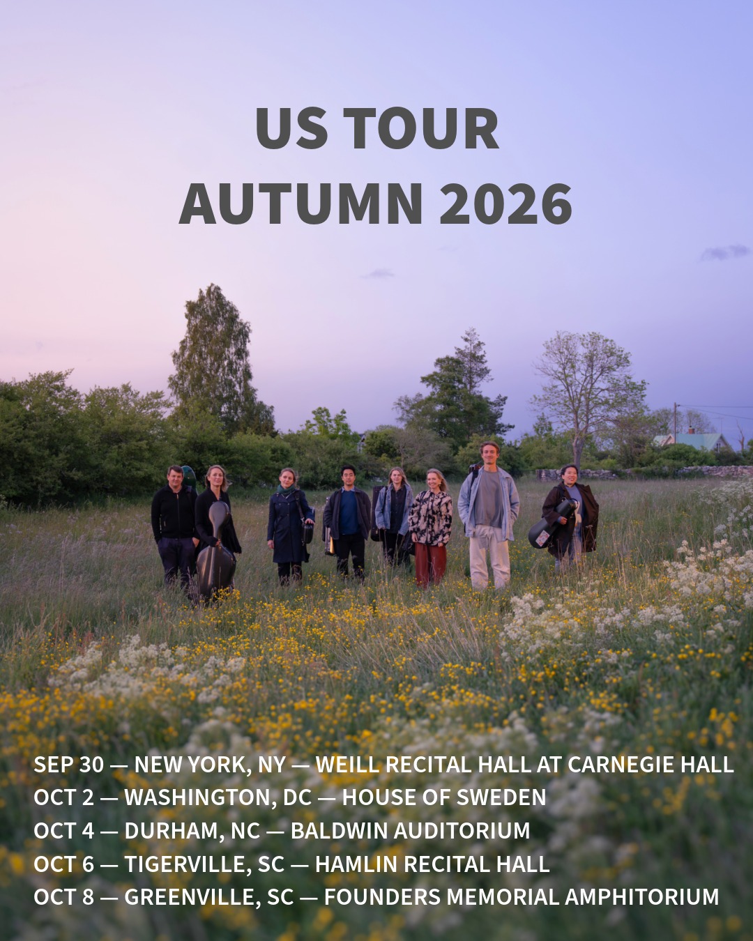 We are heading across the Atlantic for a week of concerts, masterclasses, outreach and new encounters, from New York and Washington, D.C. to North and South Carolina.
Along the way, we’re looking forward to performing at @carnegiehall , House of Sweden @swedeninusa , @dukearts  @northgreenvilleuniversity and @bjuedu , as well as meeting young musicians, students, audiences and friends of Camerata Nordica throughout the tour.
A wonderful opportunity to share music, make new connections and continue building bridges across the Atlantic. 🇸🇪🇺🇸
See you on the road!
